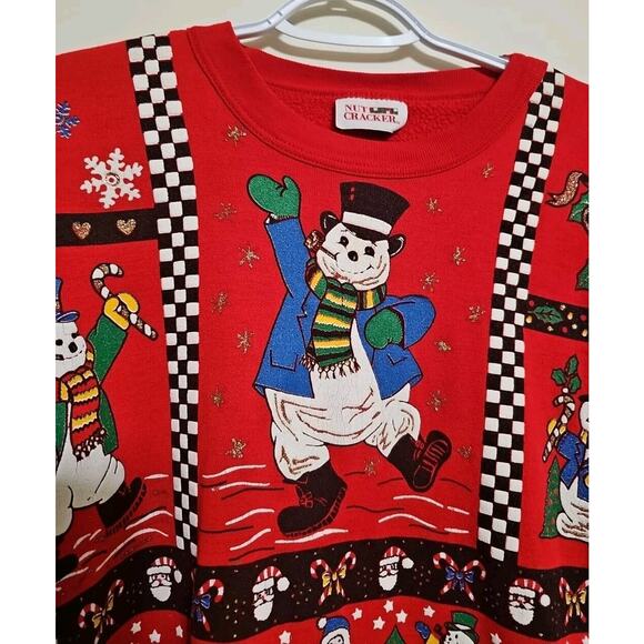 Vtg Christmas Crewneck Nutcracker Red Sweatshirt M Snowman Checks - Picture 2 of 6